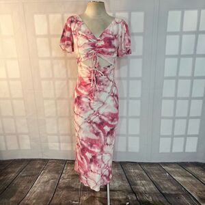 Lucy Paris pink tie dye drawstring cutout midi dress size small